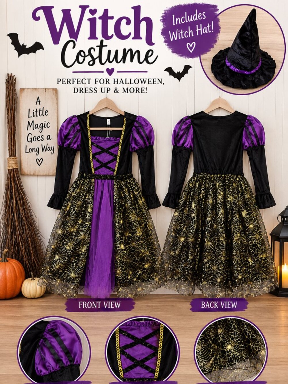 Reli Beauty Girls Witch Costume Purple Gold Spiderweb Dress Hat